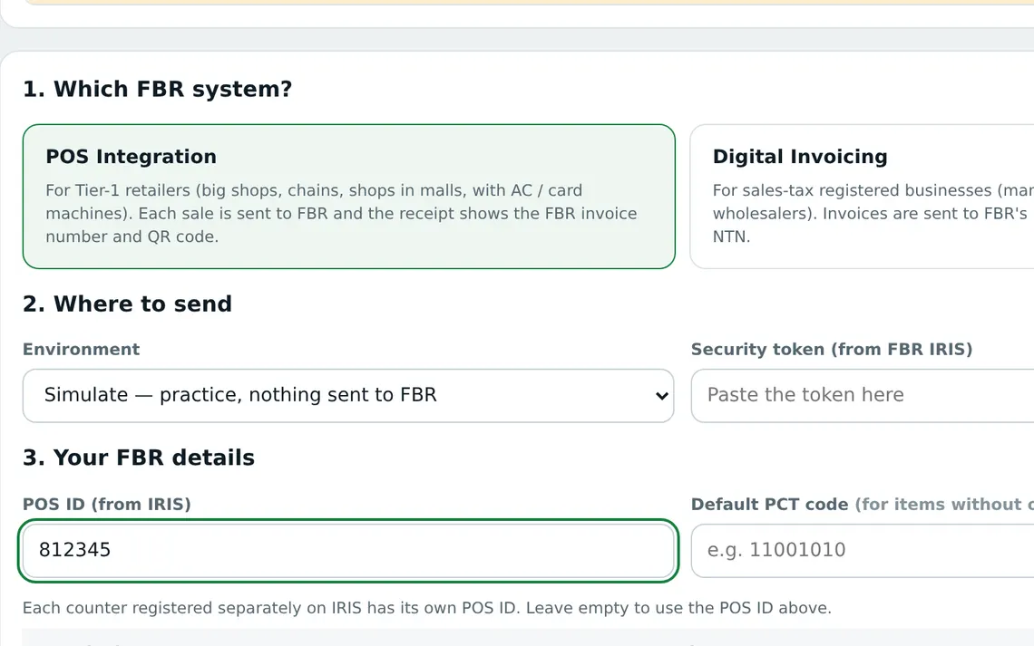 FBR سیٹ اپ اسکرین: POS Integration یا Digital Invoicing، انوائرمنٹ اور POS ID منتخب کریں